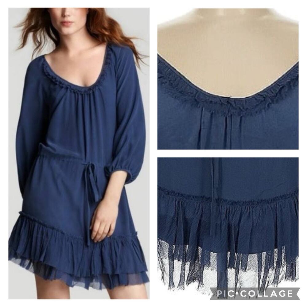 Rebecca Taylor Silk Ruffle Hem Long Sleeve Navy Blue Dress Size 6 EUC